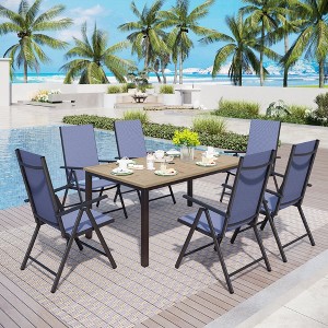 Captiva Designs 7pc Patio Wood-look Metal Table with Umbrella Hole & Textilene Reclining Foldable Chairs - 1 of 4