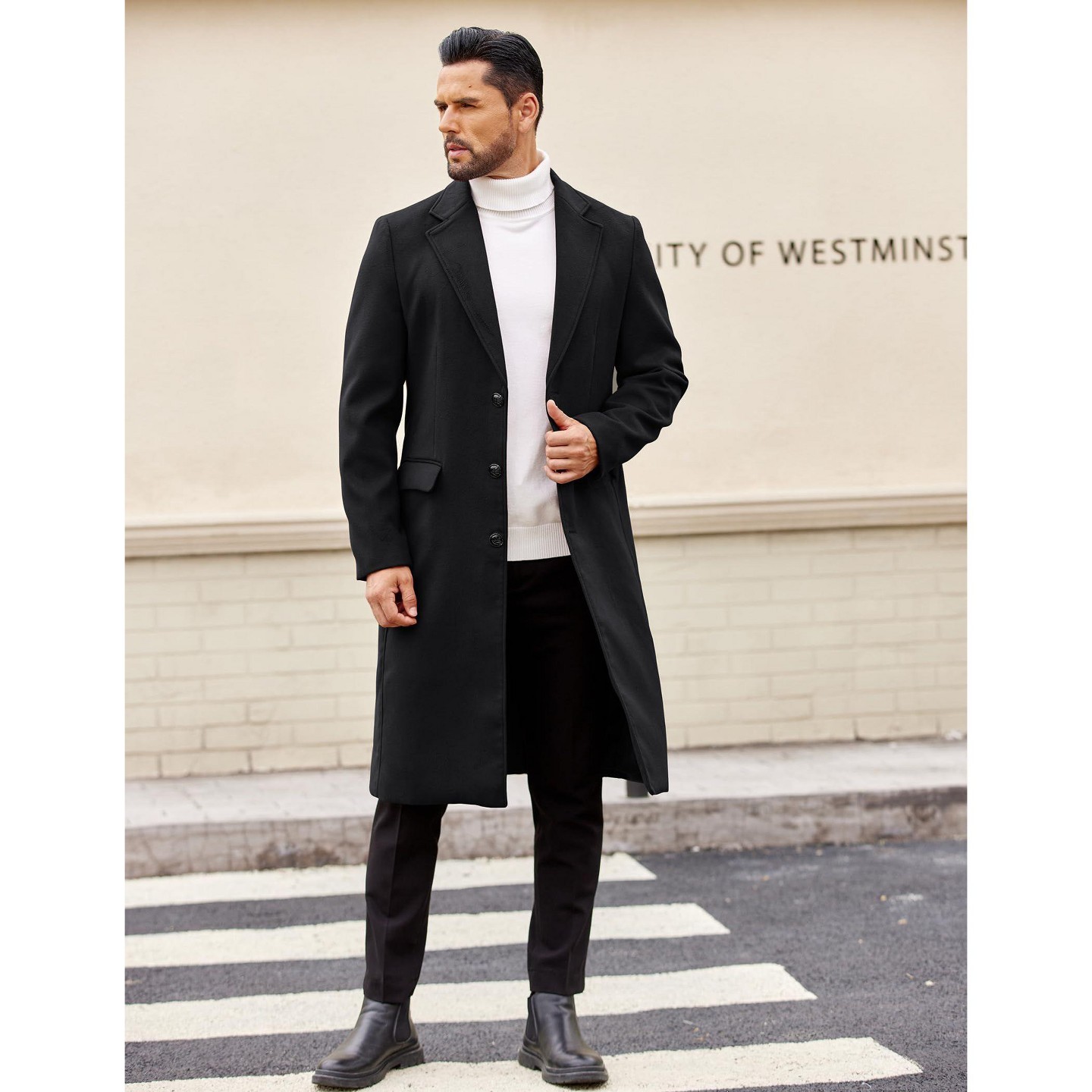 Мужская куртка COOFANDY Winter Trench Coat Slim Fit Long Single Breasted Overcoat Casual Notched Collar Pea Coat Black, цвет: Чёрный — фото 2