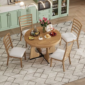 CAVINAS Round Dining Table Set for 4 Retro Dining Set Extendable Table with 16-inch Leaf and 4 Chairs for Kitchen - 1 of 4