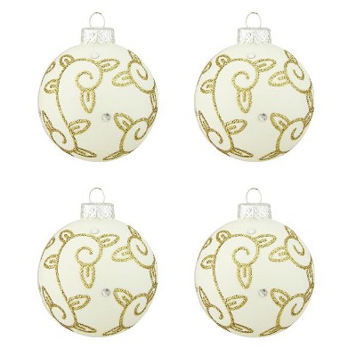 Northlight 4ct Matte Swirled Leaf Glass Ball Christmas Ornament Set 2.5" - White/Gold