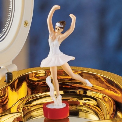Heart-Shaped White and Gold Ballerina Music Box with Mirror