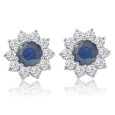 Pompeii3 1 3 4ct Blue Sapphire Diamond Halo Studs Earrings 14K White Gold