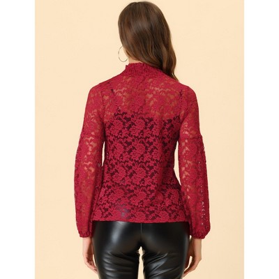 Okbabeha Women Long Sleeve T-Shirts Mesh See-Through Mock Neck Lace Shirts Spring Fall Slim Fit Tops Streetwear
