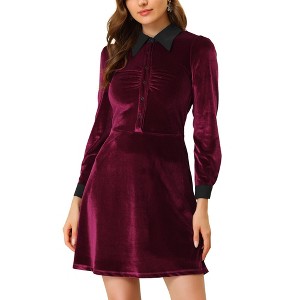 INSPIRE CHIC Women's Contrast Collar A-Line Fit and Flare Vintage Velvet Dress - 1 of 4