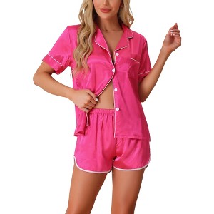 cheibear Women's Satin Silky Short Sleeve Button Down Loungewear Shorts Pajamas Set 2 Pcs - 1 of 4