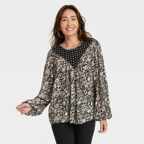 Women's Bishop Long Sleeve Blouse - Knox Rose™ Black Floral Xl : Target