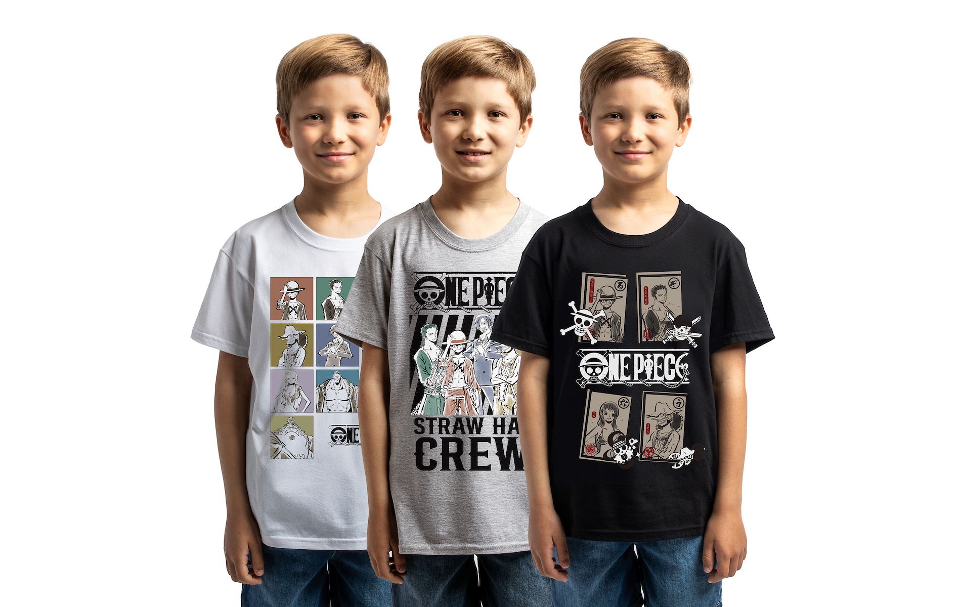 One Piece Straw Hat Crew Character Panels Boy’s 3-Pack Crew Neck Short Sleeve T-shirt Set