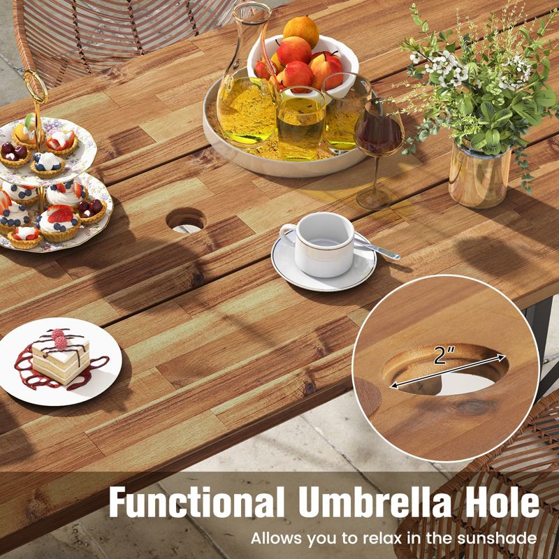 Tangkula 67" Heavy-Duty Rectangle Table Acacia Wood Dining Table w/ Umbrella Hole Patio, 3 of 5
