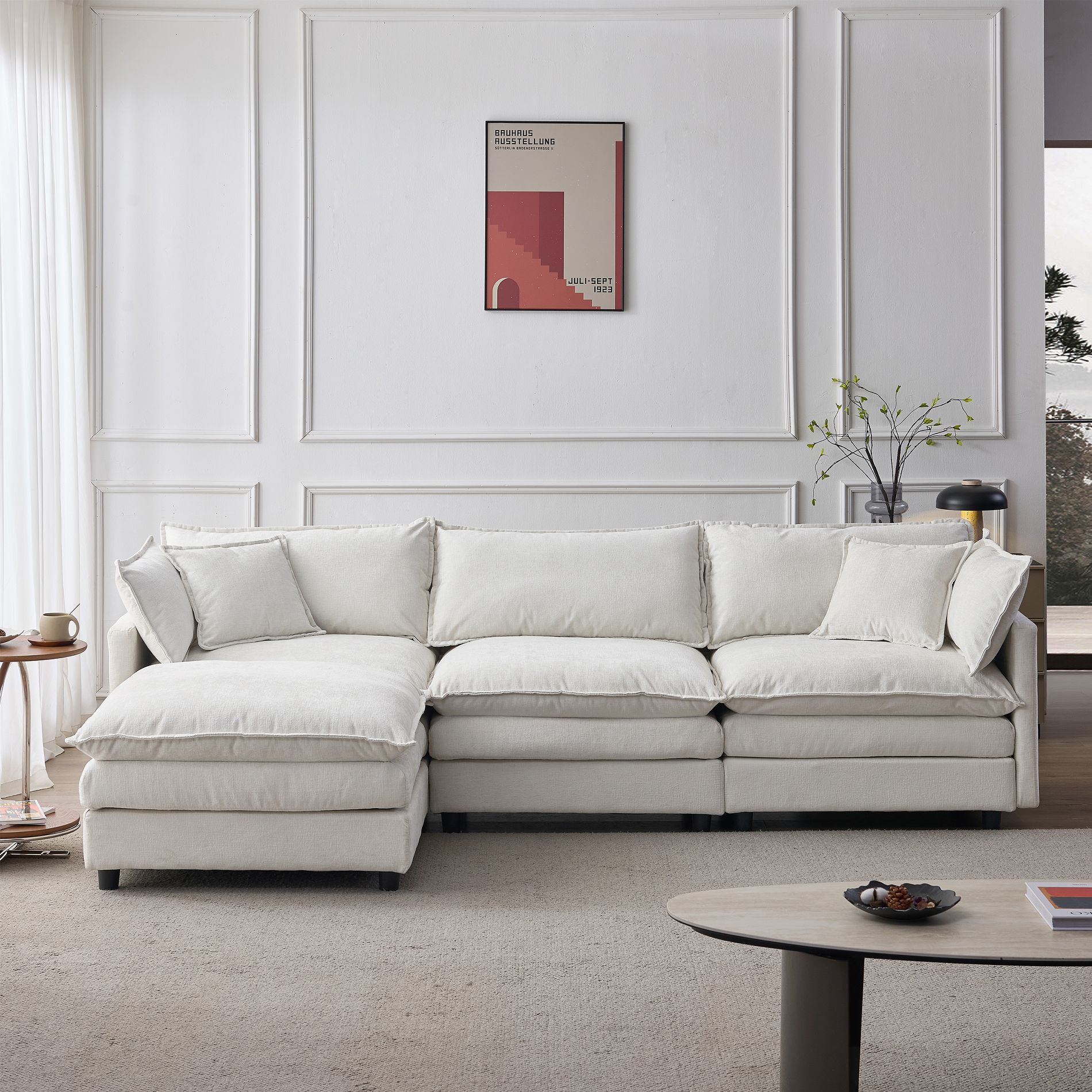 VASIP Chenille Modular Cloud Sectional Sofa - 105" L-Shaped 3-Seater with Ottoman,for Living Room,Beige