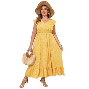 Coolmee Women's Plus Size Summer Boho Dress Ruffle Cap Sleeveless V Neck Long Beach Maxi Dress - 1 of 4