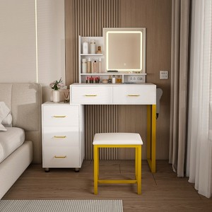 Makeup Vanity with LED Lights 3 Color Modes - Dressing Table with Power Outlet 5 Drawers & Metal Chair Vanity Desk - 1 of 4