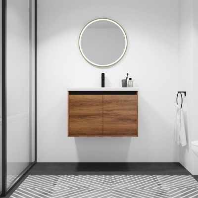 Floating Bathroom Vanity With Ceramics Countertop Sink, Wall Mounted 2 Doors Bathroom Storage Cabinet Set