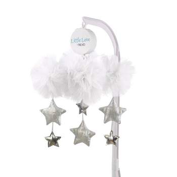 Little Love By NoJo Tulle Cloud with Silver Metallic Stars Nursery Crib Musical Mobile - White