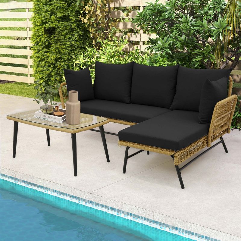 Costway 3 PCS L-Shaped Patio Sofa Set Conversation Furniture with Cushions Deck Garden Black/Beige, 1 of 11
