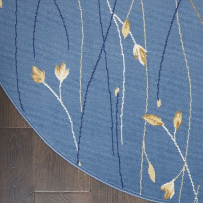 Light Blue Floral Round Synthetic Area Rug 5'3"