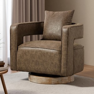 29.1" Faux Leather Swivel Open Back Barrel Chair with Solid Wood Base - 1 of 4