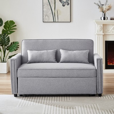 DOMETOUR Modern Linen Loveseat Sofa for Living Room Bedroom, Convertible Sleeper Bed Double-Seater Sofa with 2 Lumbar Pillows