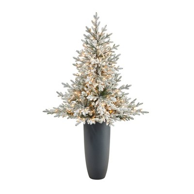 Nearly Natural 5’ Flocked Fraser Fir Artificial Christmas Tree with 300 Warm White Lights and 967 Bendable Branches in Gray Planter