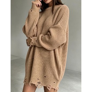 chunky knit dress Women Oversized Long Sleeve Distressed Frayed Hem Tunic Sweater Dress, Khaki, S : Target internal-oct-30