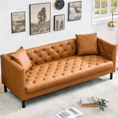 81 Inch Modern Leather Sofa, 3-Seat Chesterfield Couch with Deep Seat, Handmade Button Tufted Design for Living Room, Apartment, Office - Cognac Tan