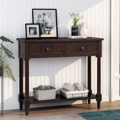 Vintage-Inspired Solid Wood Console Table with Two Drawers and Bottom Shelf