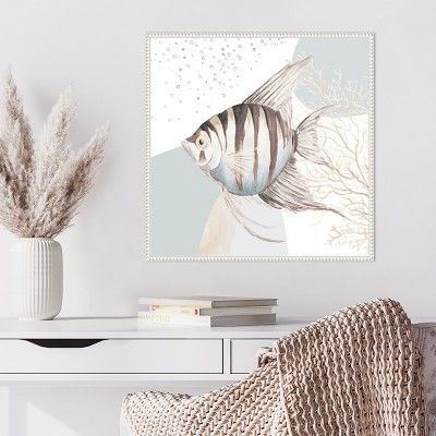 Ocean Oasis Bubbles Striped Fish Canvas Wall Art with White Frame