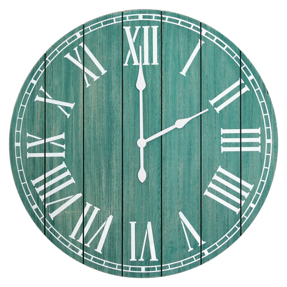 Photos - Wall Clock 23" Wood Plank Rustic Coastal  Aqua Green - Elegant Designs