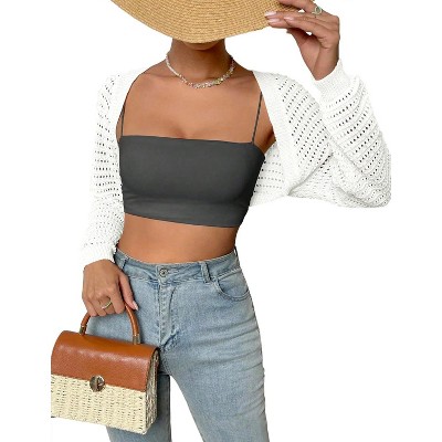 Womens Bolero Cropped Crochet Shrug Sweater Knit Cardigans with Lantern Sleeve Drop Shoulder Knit Bolero Sweater