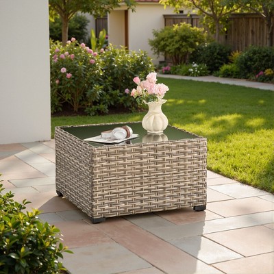 XIZZI Outdoor Coffee Table with Umbrella Base Insert, All-Weather Wicker Patio Table with Center Umbrella Hole, Square Umbrella Table, Brown