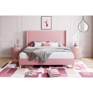 Corduroy Upholstered Bed Frame with 51" Wingback Headboard & Wooden Slats, No Box Spring Needed - 1 of 4