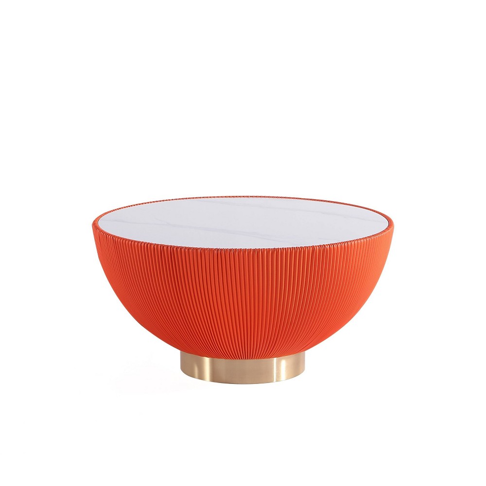 Photos - Coffee Table Manhattan Comfort Anderson Leatherette Upholstered  with Faux Marble Tabletop Orange: Modern Round Pedestal Desi