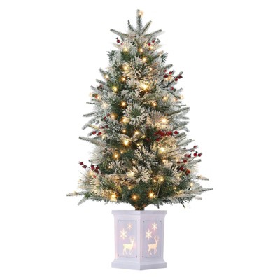 4.5 Ft Artificial Christmas Tree with 200 Warm White  Lights and Red Berries Potted Base Holiday Xmas Tree