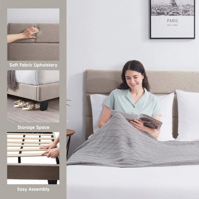 Beige Linen Upholstered King Platform Bed with Tufted Headboard