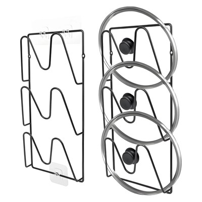 LunaLulinlk 2 Pack Pot Lid Holder, No Drill Adhesive Mount, Rust Proof Kitchen Storage for Pots and Pans, Classic Black