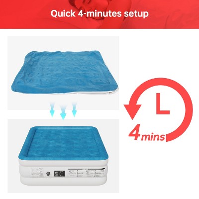 Queen Raised White and Blue PVC Air Mattress with Built-In Pump