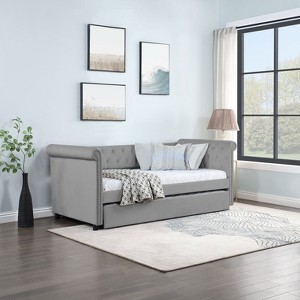 Twin Size Velvet Upholstered Daybed with Beautiful Round Armset, Tufted Sofa Bed with Trundle Bed-ModernLuxe - 1 of 4