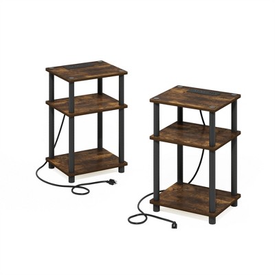 Furinno Just 3-Tier Turn-N-Tube USB and Type-C Charging Port End Table with Open Storage, Amber Pine/Black, Set of 2