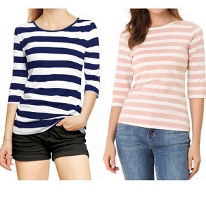 Allegra K Women's Elbow Sleeves Round Neck Slim Fit T-Shirt 2 Packs - 1 of 4