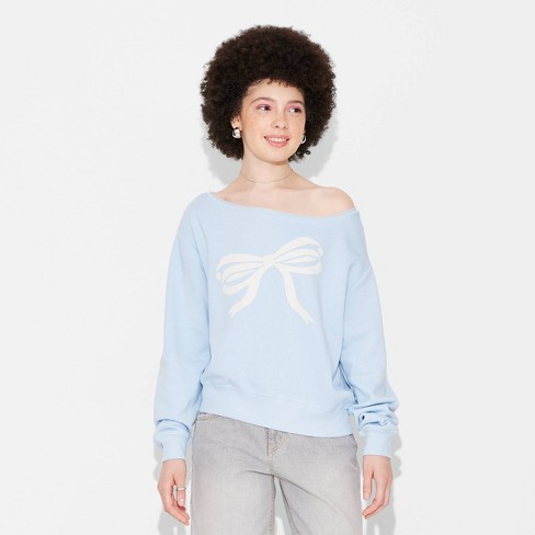 Women s Off The Shoulder Bow Graphic Sweatshirt Light Blue Target