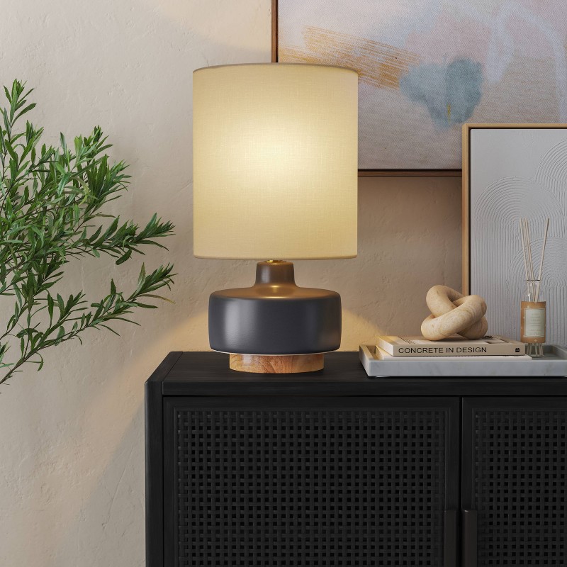Threshold Ceramic table lamp with wood base — White ceramic with natural wood base