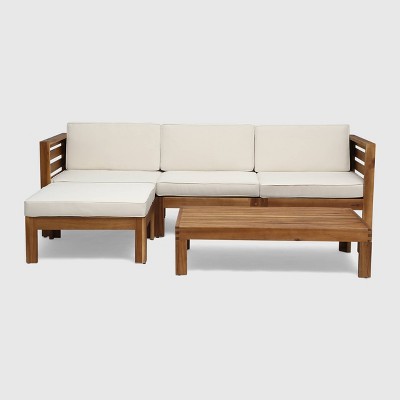 Beige Acacia Wood 3-Seater Sofa Set with Ottoman