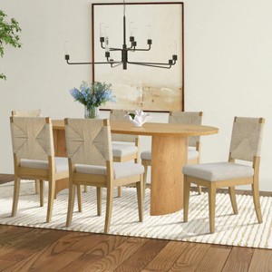 7-Pcs Dining Set for 6 Person,79" Oak Oval Dining Table & Upholstered Wood Armless Dining Chairs with Paper Rope Back for Dining Room-Tanpinhause - 1 of 4