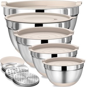 Itopfox Stainless Steel Mixing Bowls Set with Airtight Lids & Grater Attachments, Non-Slip Silicone Bottoms, Nesting Bowls for Mixing & Serving - 1 of 4