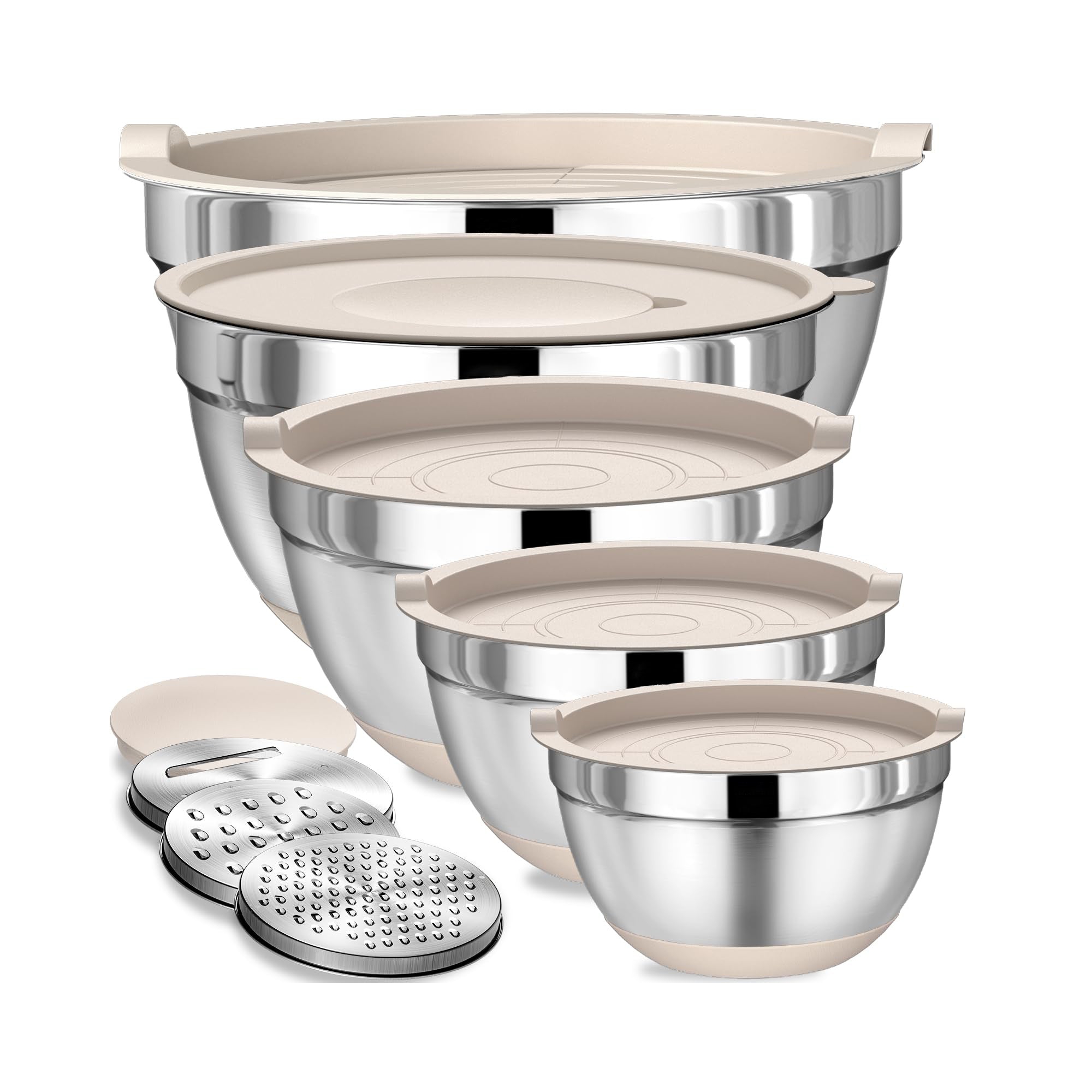 Itopfox Stainless Steel Mixing Bowls Set with Airtight Lids & Grater Attachments, Non-Slip Silicone Bottoms, Nesting Bowls for Mixing & Serving