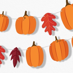 Big Dot of Happiness Fall Friends Thanksgiving Pumpkin Garland Banner, Decorations Backdrop, 30 Feet of Cord, 15 Paper Pumpkins and Autumn Leaf Shapes - 1 of 4
