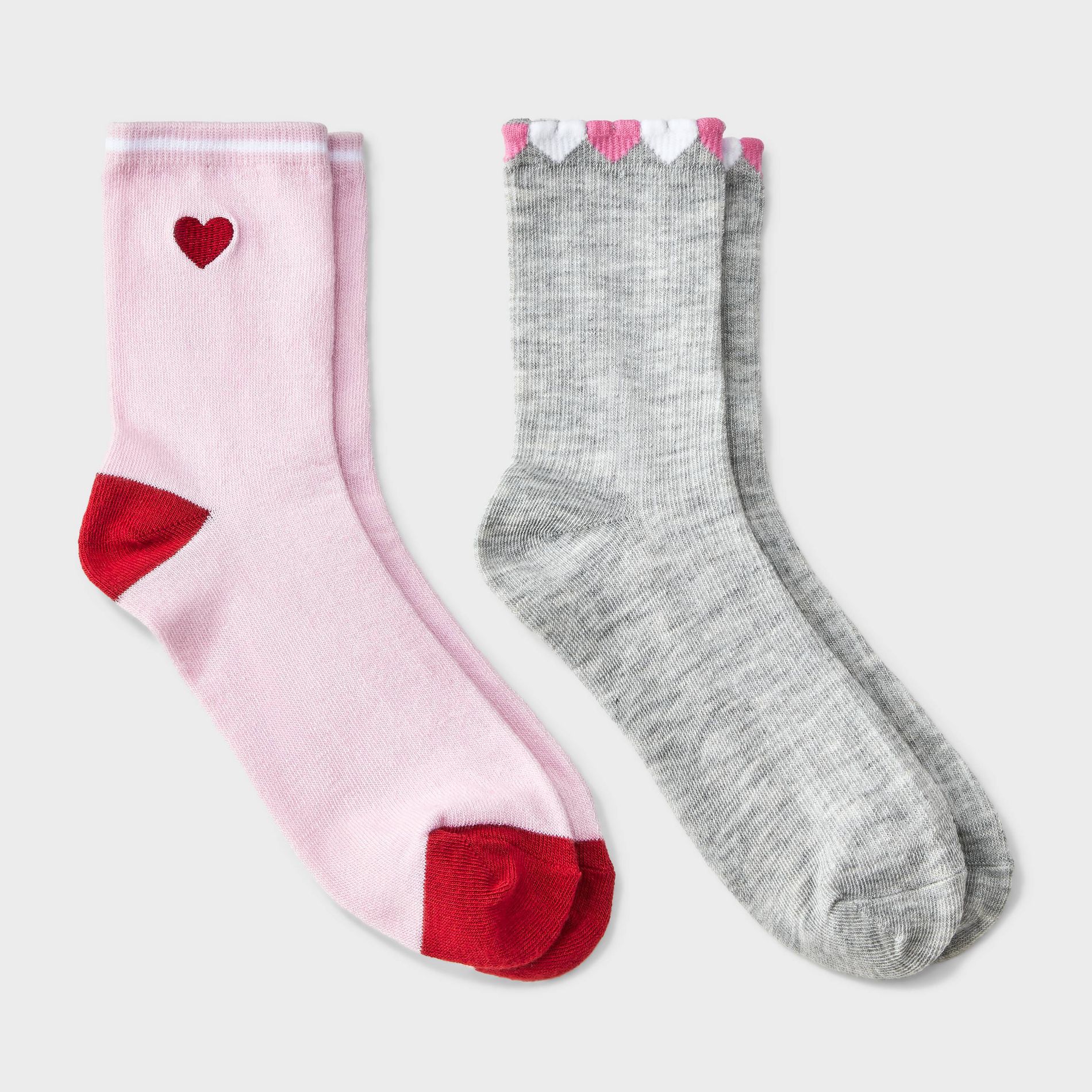 Girls' 2pk Embroidered Heart Crew Socks - art class™ Pink/Heather Gray