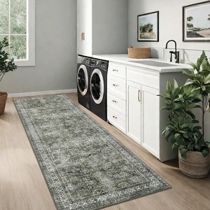 Washable Area Rug - Low Pile, Non-Slip, Floral Boho Design, Soft Faux Wool, Durable & Easy Care,9*12ft, Green - 1 of 4