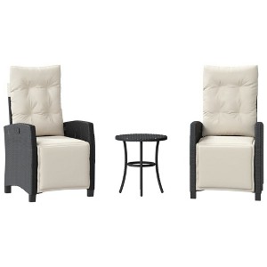 vidaXL 3-Piece Bistro Set - Black PE Rattan with Cream White Cushions, Adjustable Recliner Chairs, Weather-Resistant for Garden, Patio, Outdoor Use - 1 of 4