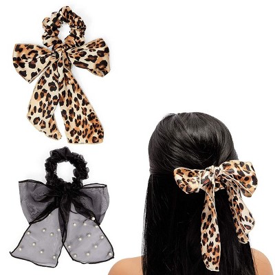 Okuna Outpost 2 Pack Leopard and Pearl Scrunchies with Bows, Elastic Hair Ties Scrunchy Hair Accessories for Women Girls