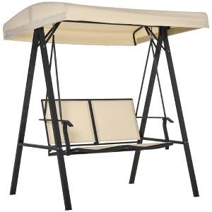 Outsunny 2-Person Patio Swings with Canopy, Outdoor Canopy Swing with Adjustable Shade, Breathable Mesh Seats and Steel Frame for Garden, Beige - 1 of 4